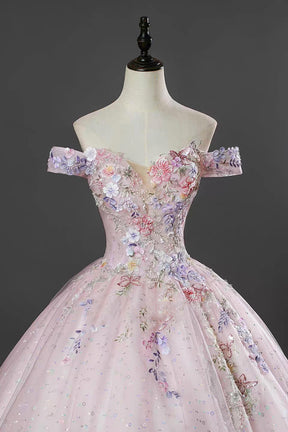 Pink Off Shoulder Floral Ball Gown Embellished Prom Dress with Sequin Tulle