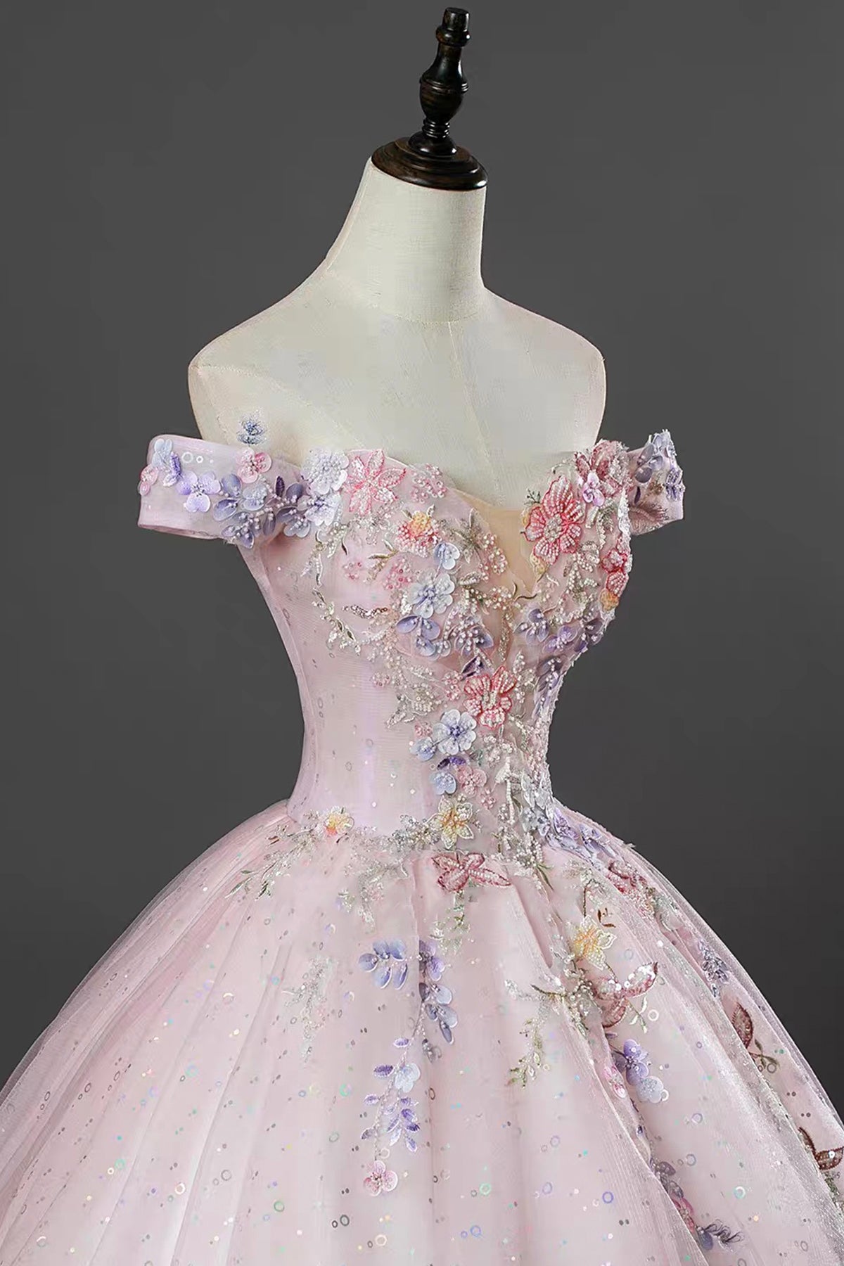 Pink Off Shoulder Floral Ball Gown Embellished Prom Dress with Sequin Tulle