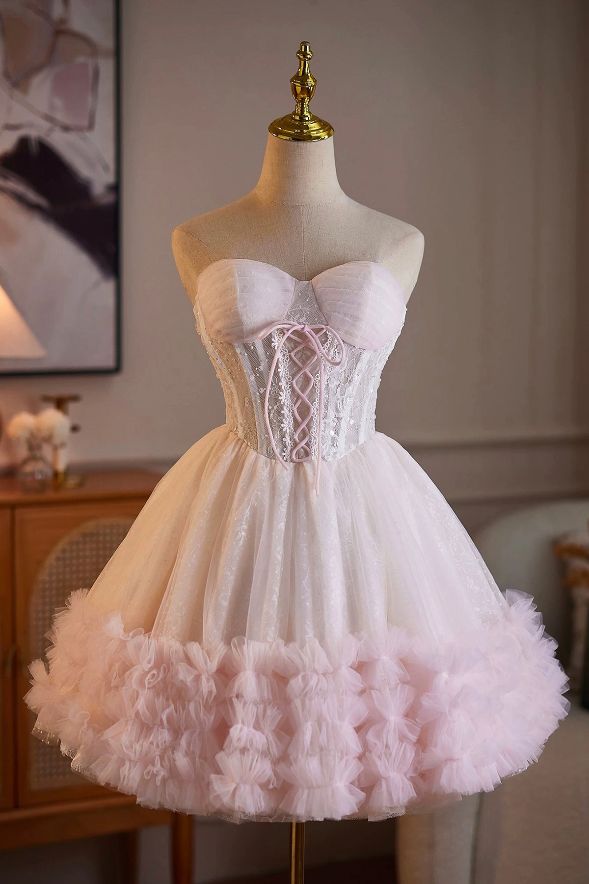 Lace Up Corset Pink White Tutu Dress | Formal Short Dress