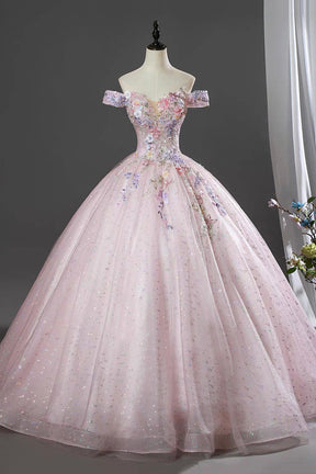 Pink Off Shoulder Floral Ball Gown Embellished Prom Dress with Sequin Tulle