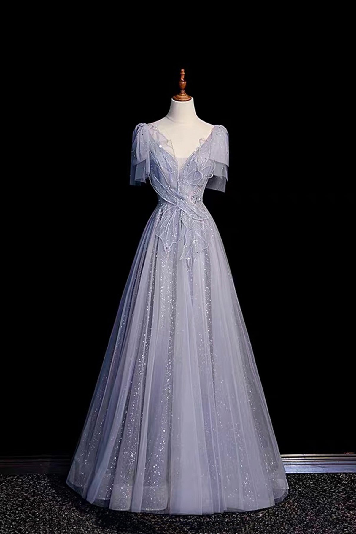 Silver Blue Tulle Prom Dress V-Neck A-Line Evening Gown with Embellished Bodice