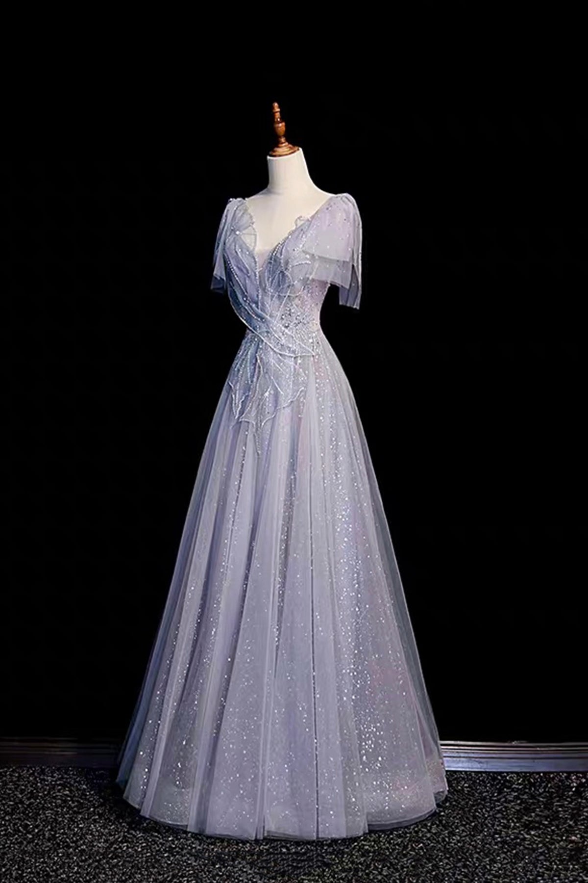 Silver Blue Tulle Prom Dress V-Neck A-Line Evening Gown with Embellished Bodice