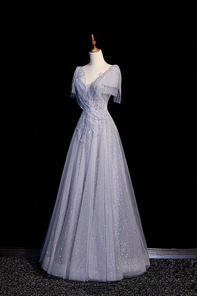 Silver Blue Tulle Prom Dress V-Neck A-Line Evening Gown with Embellished Bodice