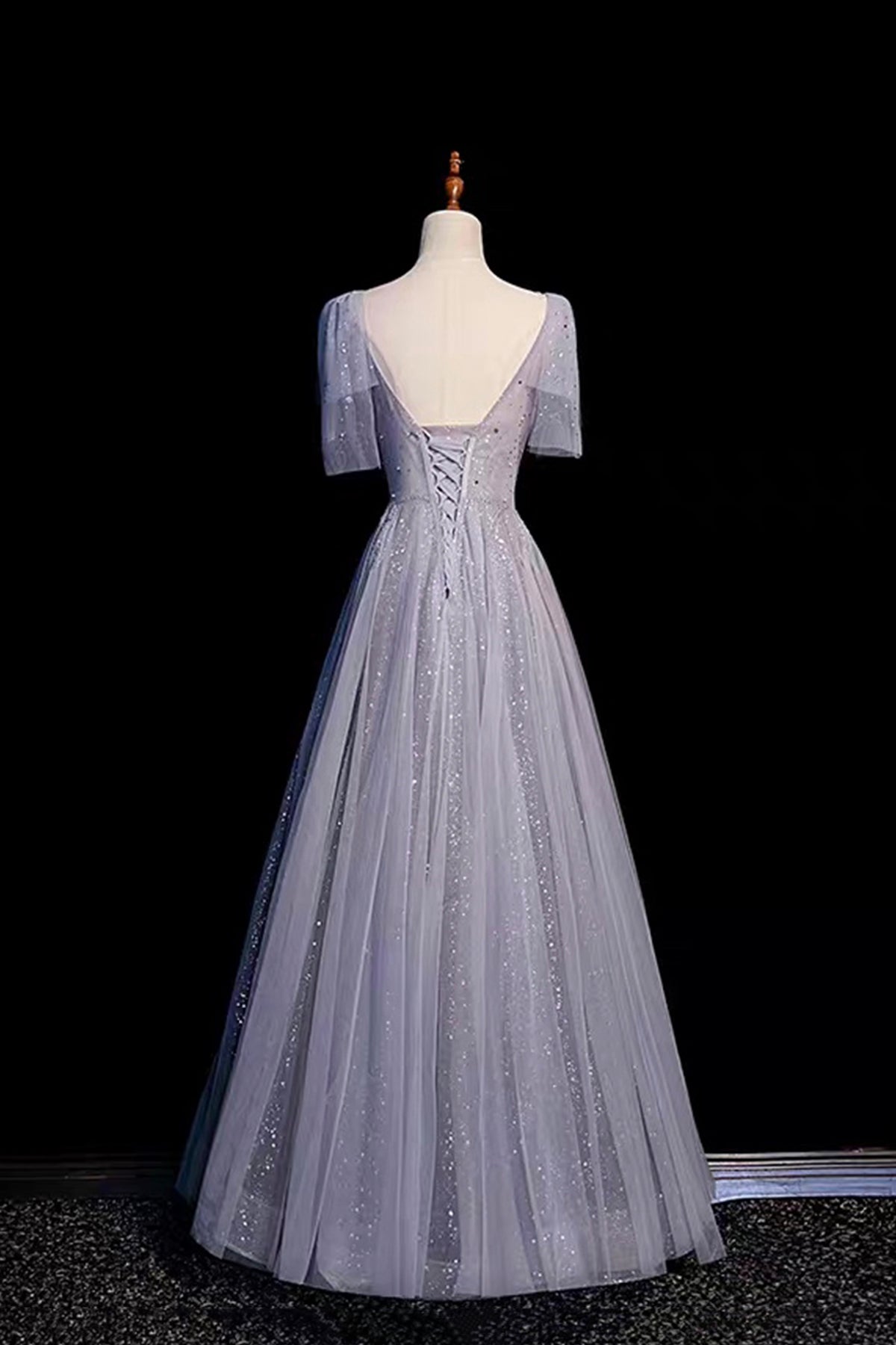 Silver Blue Tulle Prom Dress V-Neck A-Line Evening Gown with Embellished Bodice