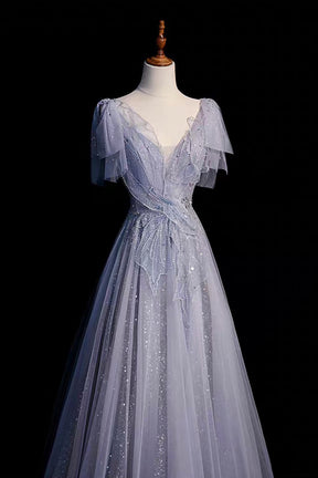 Silver Blue Tulle Prom Dress V-Neck A-Line Evening Gown with Embellished Bodice