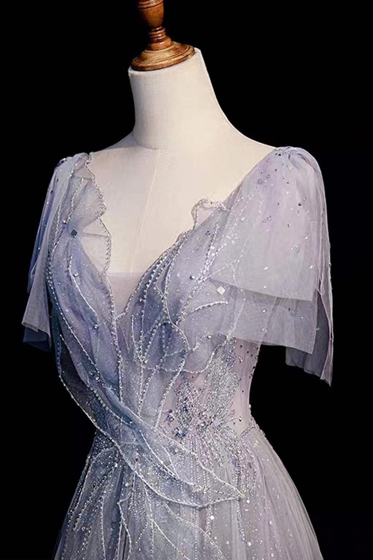 Silver Blue Tulle Prom Dress V-Neck A-Line Evening Gown with Embellished Bodice