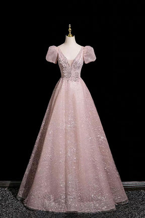 Blush Pink Lace Prom Dress V-Neck A-Line Evening Gown with Puff Sleeves