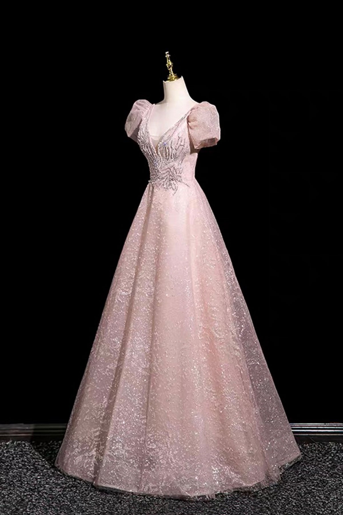 Blush Pink Lace Prom Dress V-Neck A-Line Evening Gown with Puff Sleeves