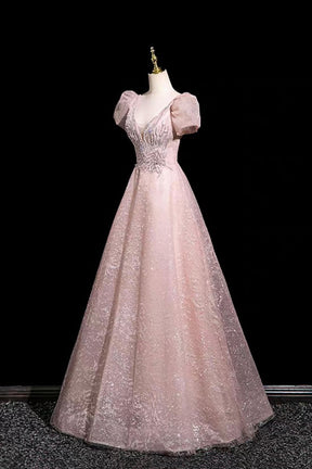 Blush Pink Lace Prom Dress V-Neck A-Line Evening Gown with Puff Sleeves