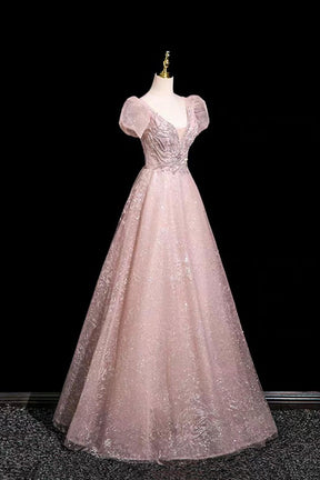 Blush Pink Lace Prom Dress V-Neck A-Line Evening Gown with Puff Sleeves