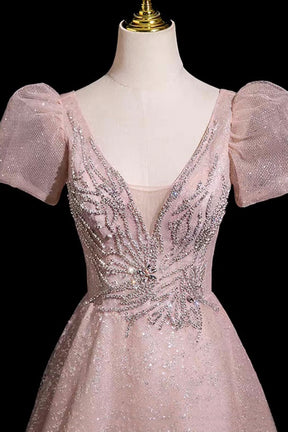 Blush Pink Lace Prom Dress V-Neck A-Line Evening Gown with Puff Sleeves