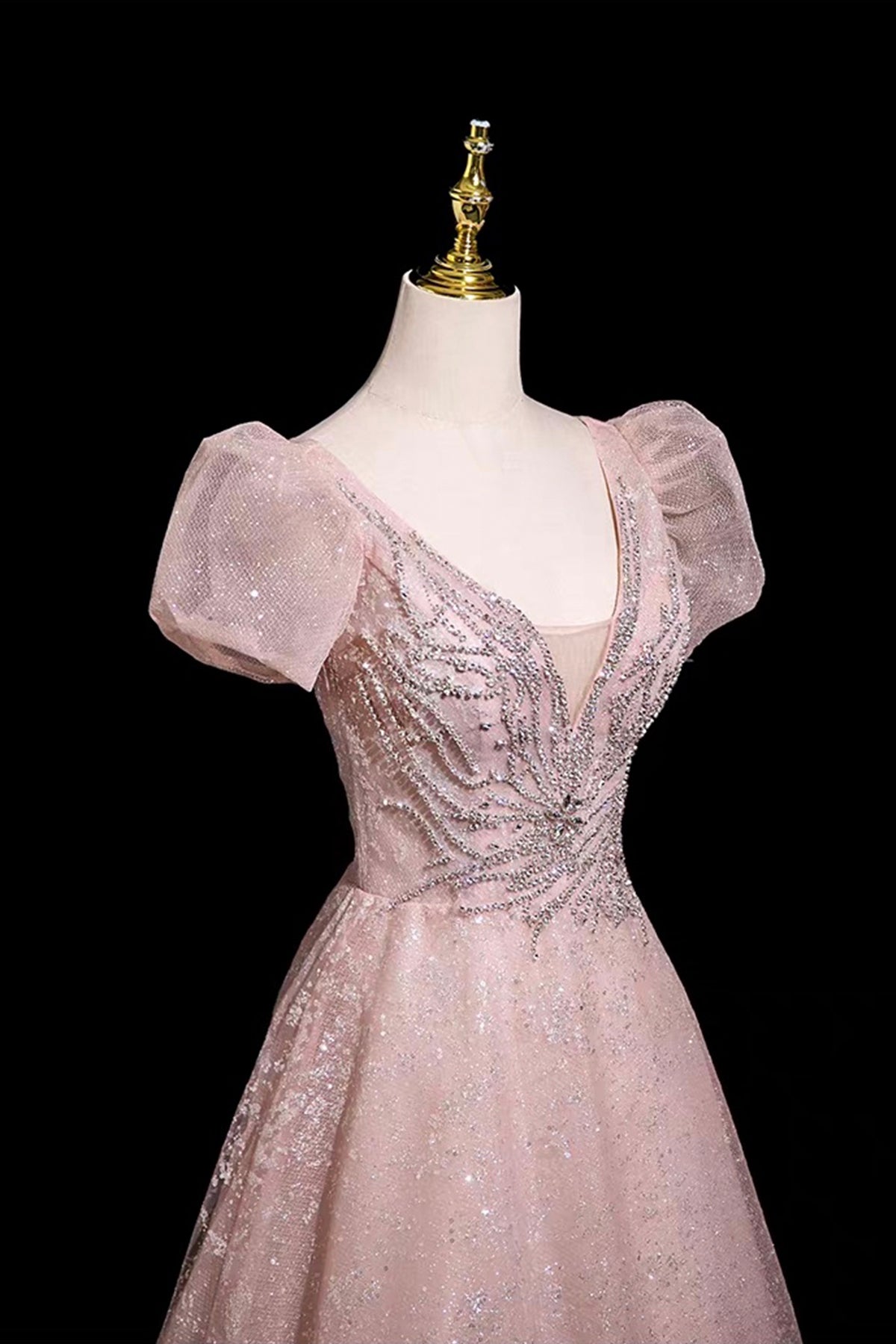 Blush Pink Lace Prom Dress V-Neck A-Line Evening Gown with Puff Sleeves