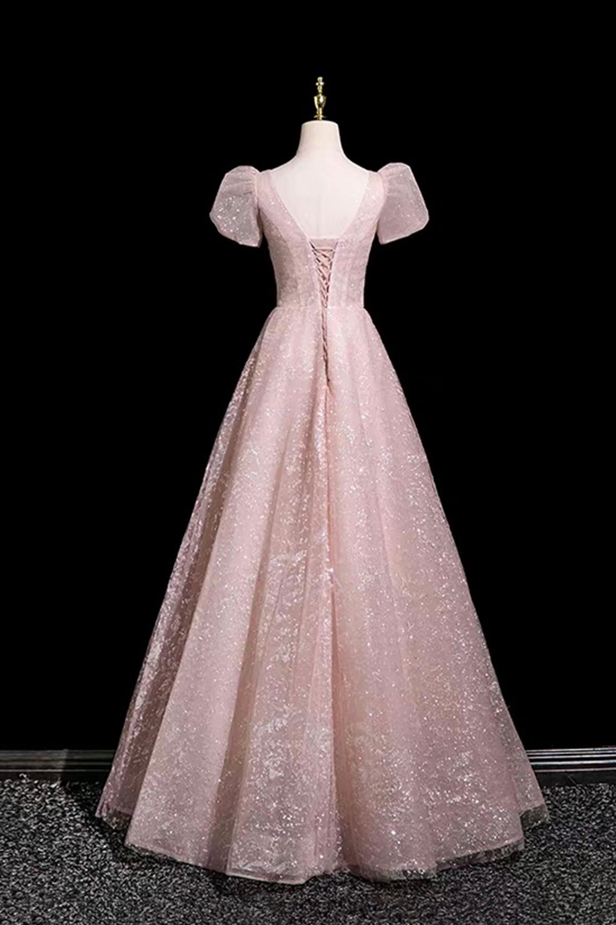Blush Pink Lace Prom Dress V-Neck A-Line Evening Gown with Puff Sleeves