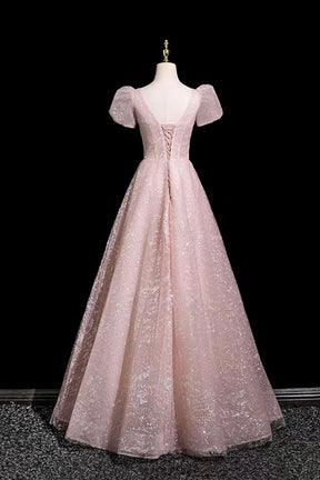 Blush Pink Lace Prom Dress V-Neck A-Line Evening Gown with Puff Sleeves