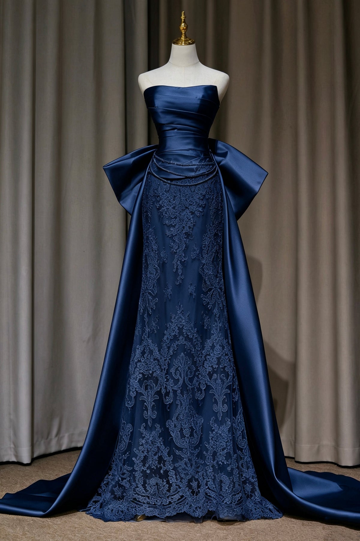 Navy Blue Strapless Satin Lace Evening Gown with Detachable Overskirt