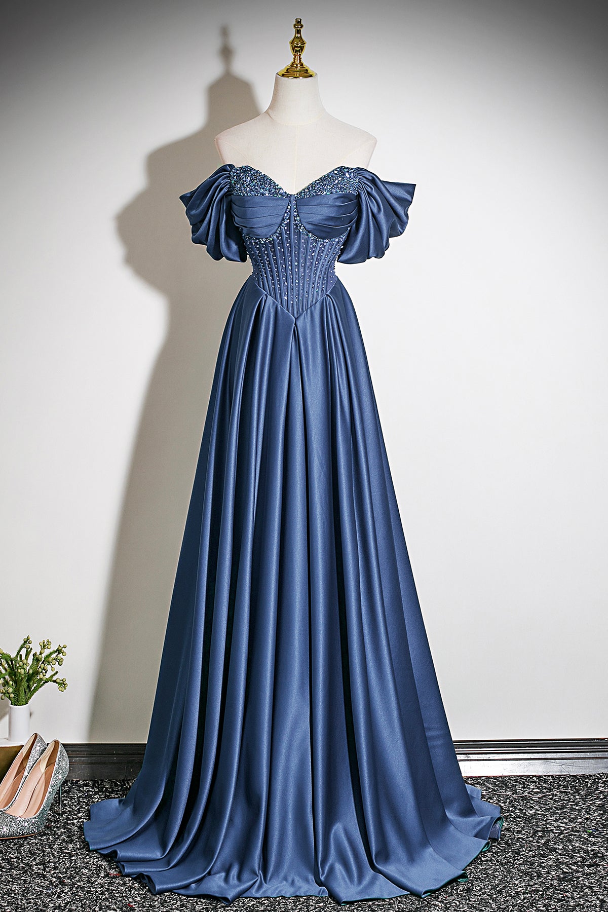 Navy Blue Off-the-Shoulder Satin Long A-Line Prom Party Gown