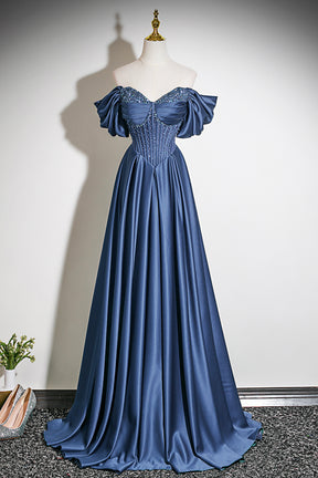 Navy Blue Off-the-Shoulder Satin Long A-Line Prom Party Gown