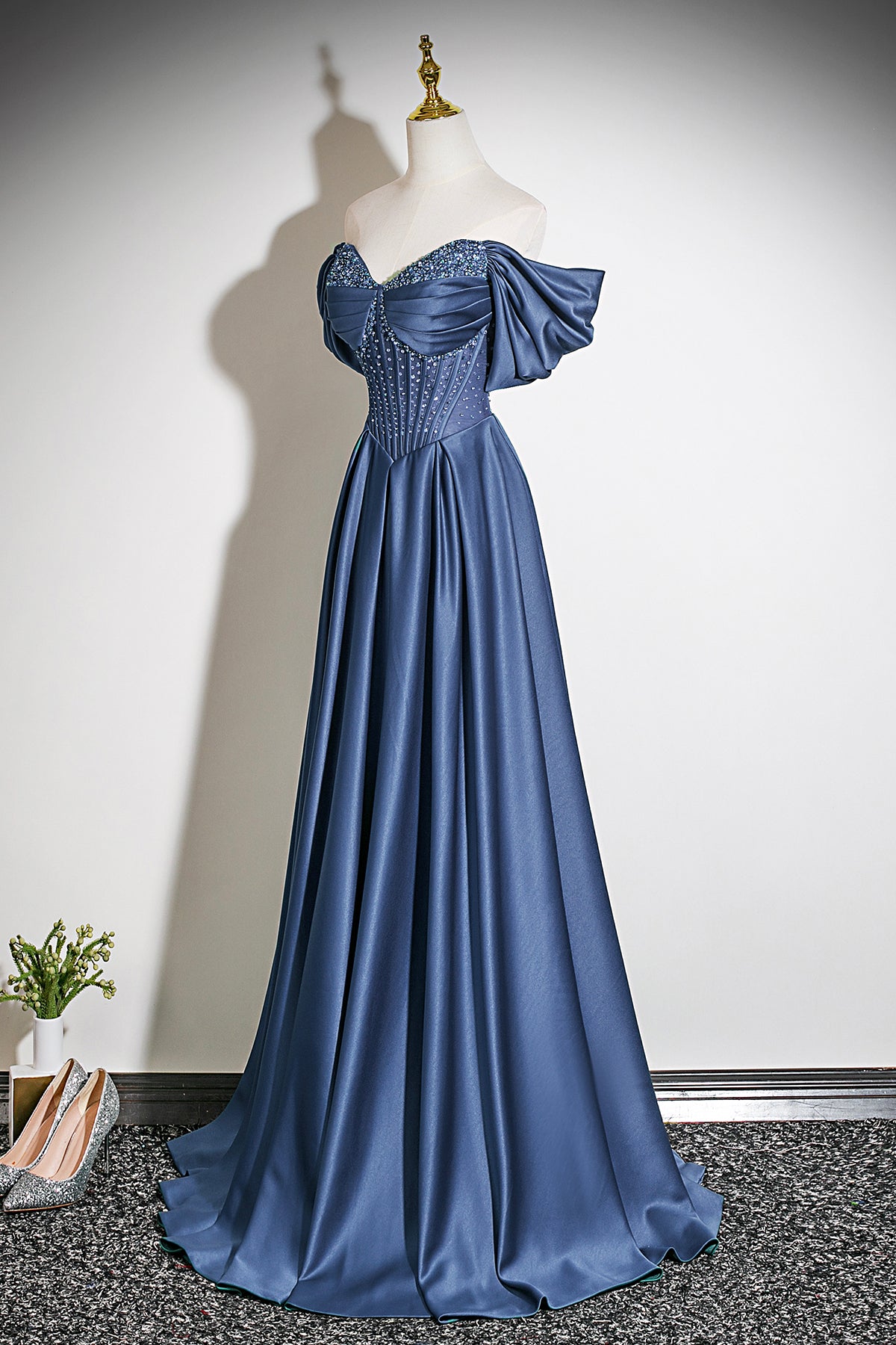 Navy Blue Off-the-Shoulder Satin Long A-Line Prom Party Gown