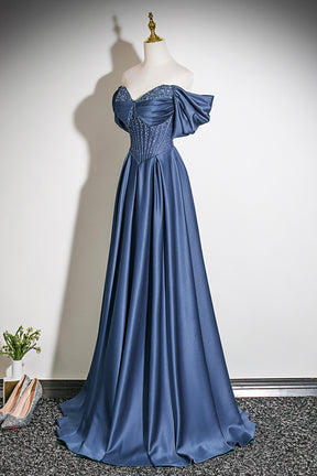 Navy Blue Off-the-Shoulder Satin Long A-Line Prom Party Gown