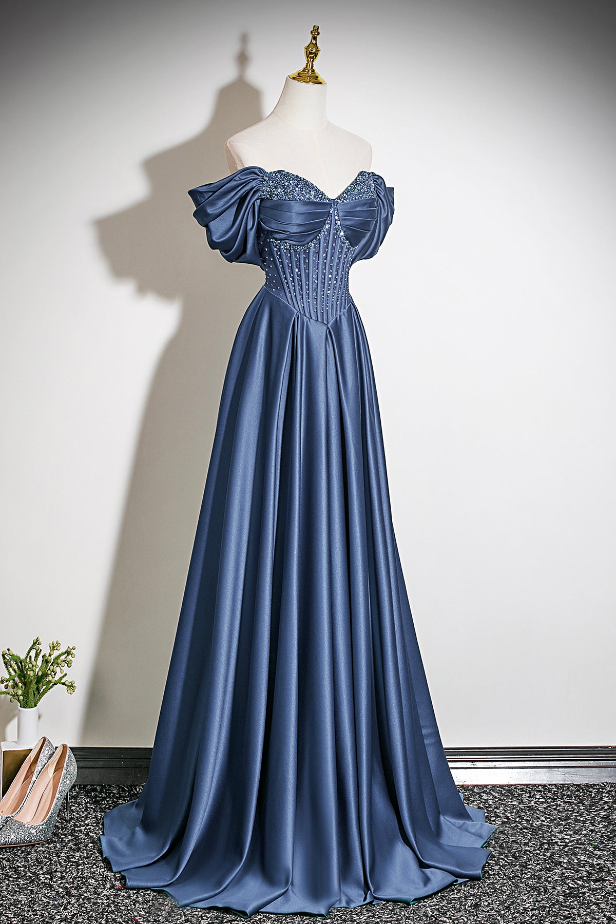 Navy Blue Off-the-Shoulder Satin Long A-Line Prom Party Gown