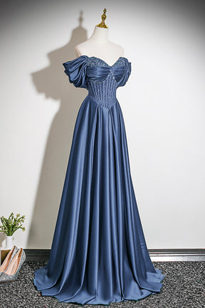 Navy Blue Off-the-Shoulder Satin Long A-Line Prom Party Gown