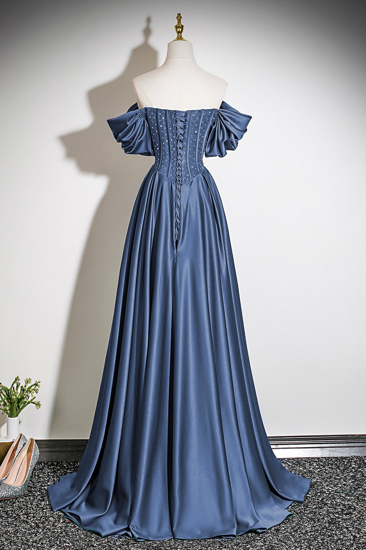 Navy Blue Off-the-Shoulder Satin Long A-Line Prom Party Gown