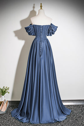 Navy Blue Off-the-Shoulder Satin Long A-Line Prom Party Gown