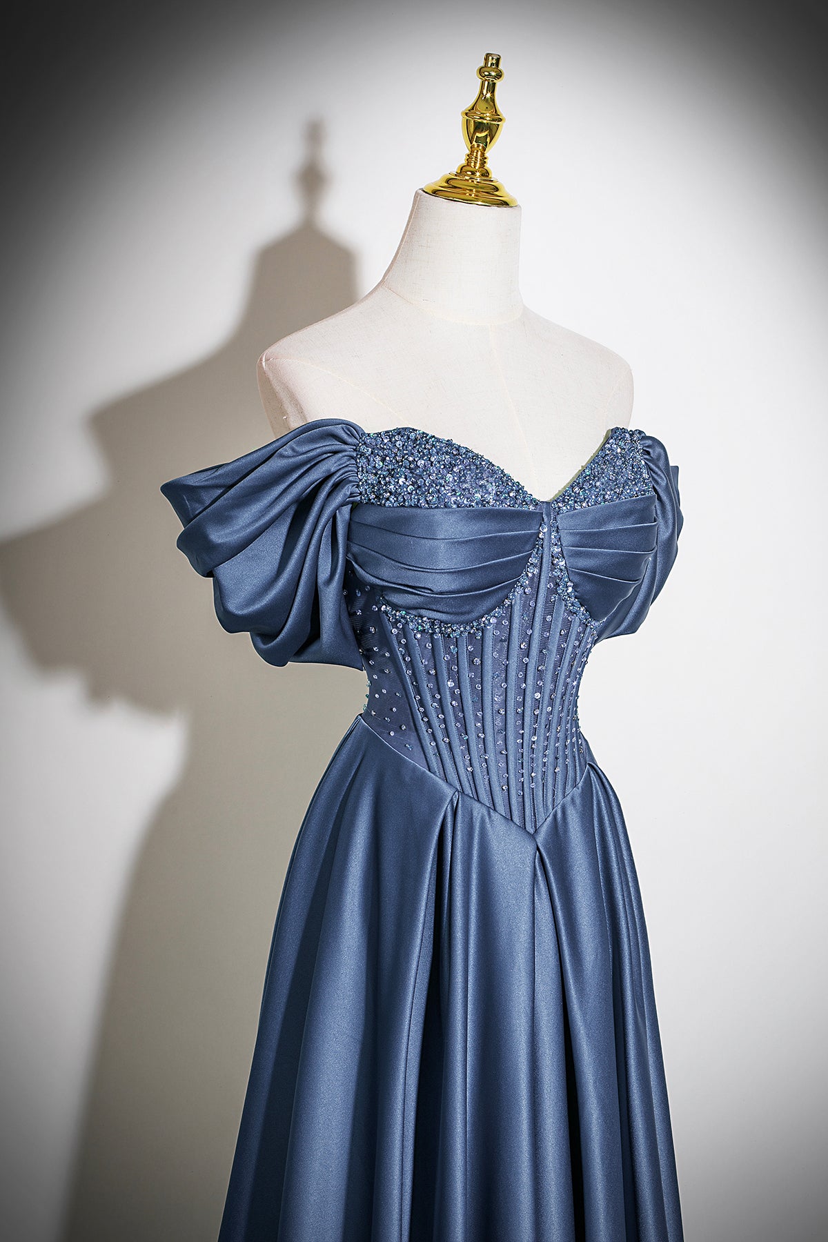 Navy Blue Off-the-Shoulder Satin Long A-Line Prom Party Gown