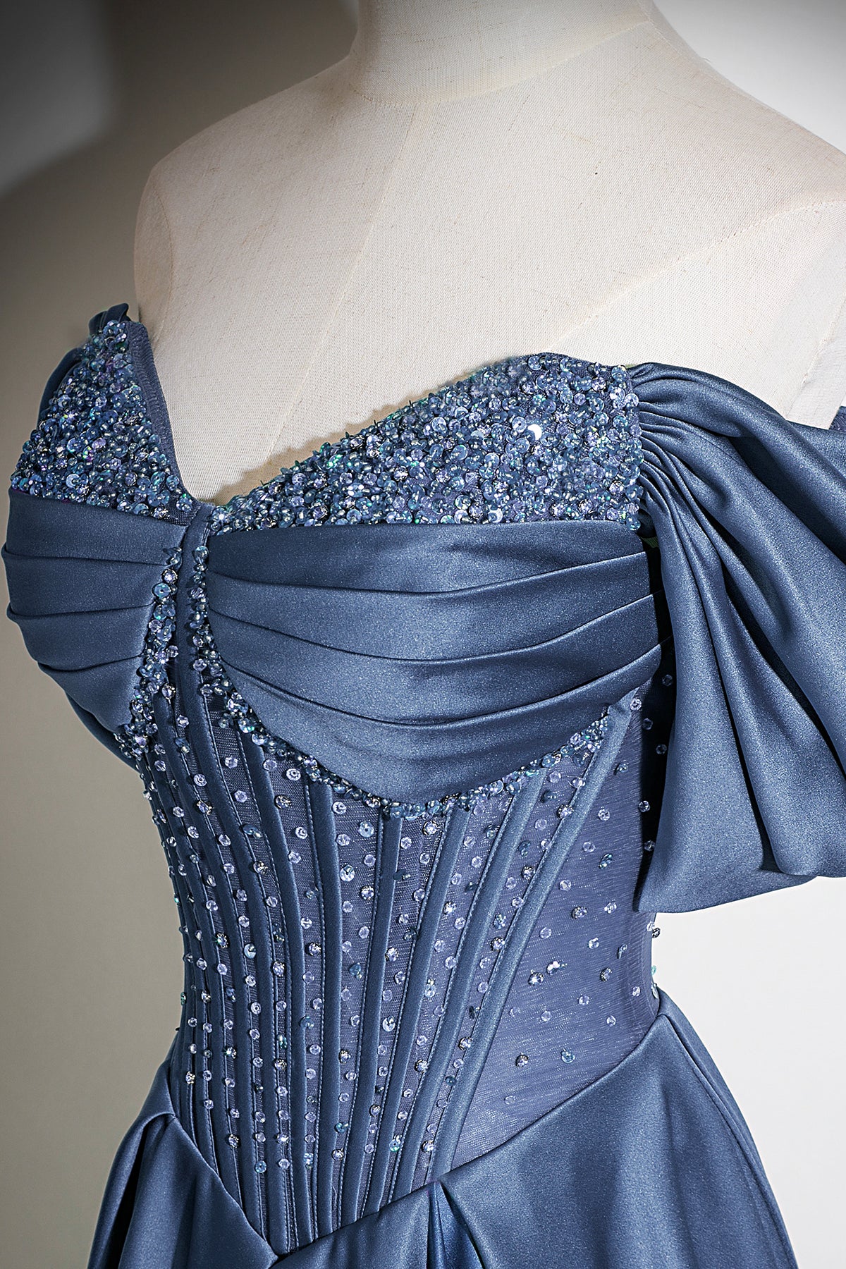 Navy Blue Off-the-Shoulder Satin Long A-Line Prom Party Gown