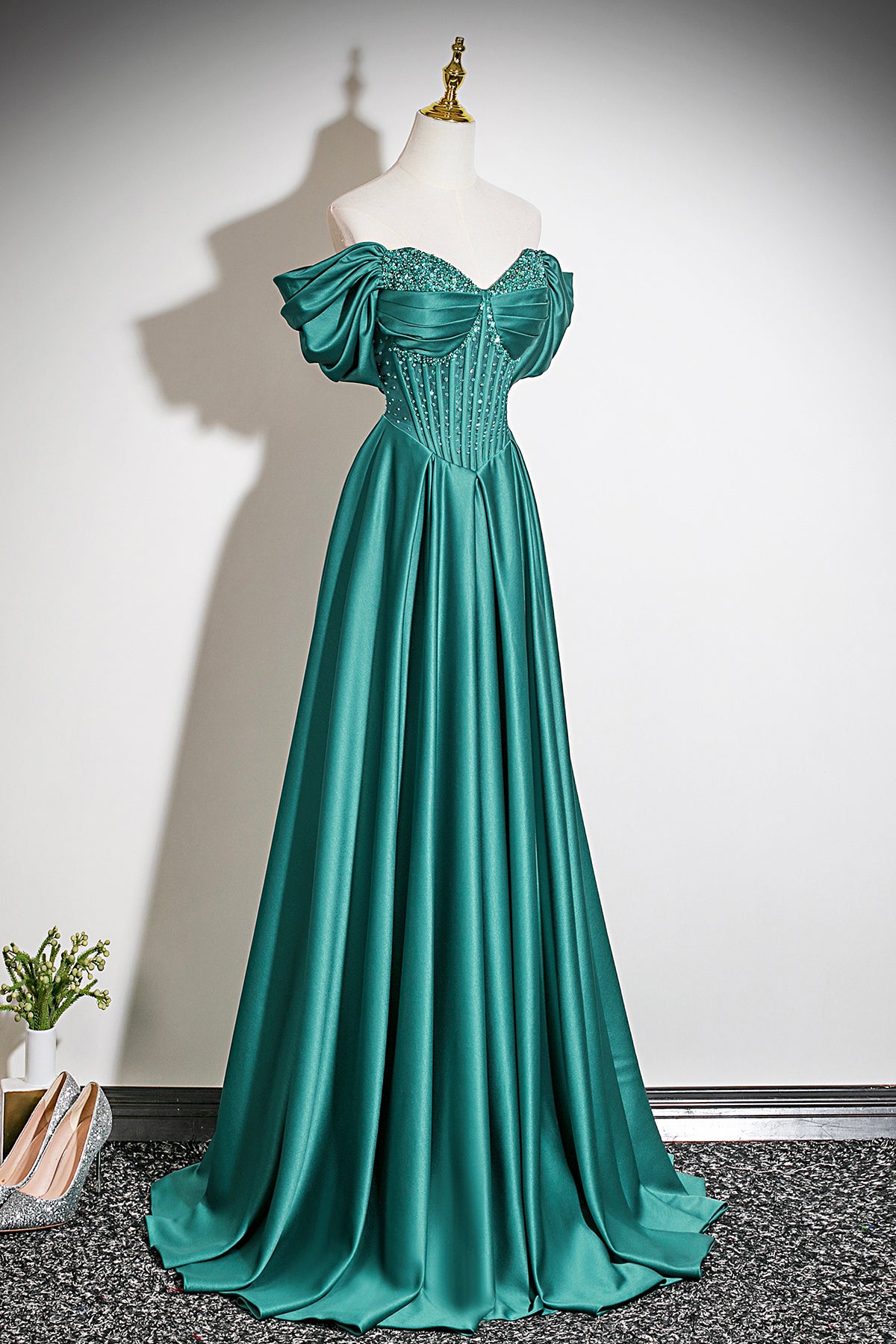 Emerald Green Satin Off-the-Shoulder Beaded Evening Gown with A-Line Skirt
