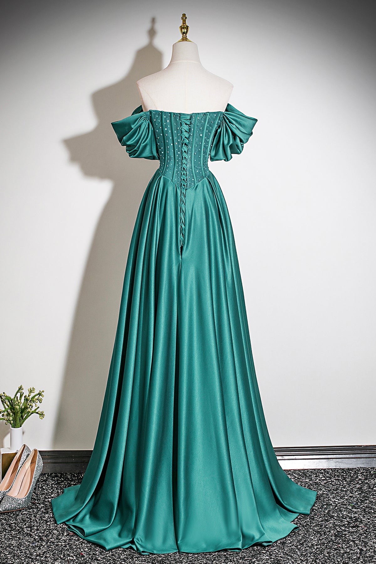 Emerald Green Satin Off-the-Shoulder Beaded Evening Gown with A-Line Skirt