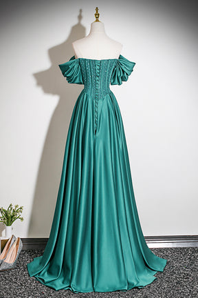 Emerald Green Satin Off-the-Shoulder Beaded Evening Gown with A-Line Skirt