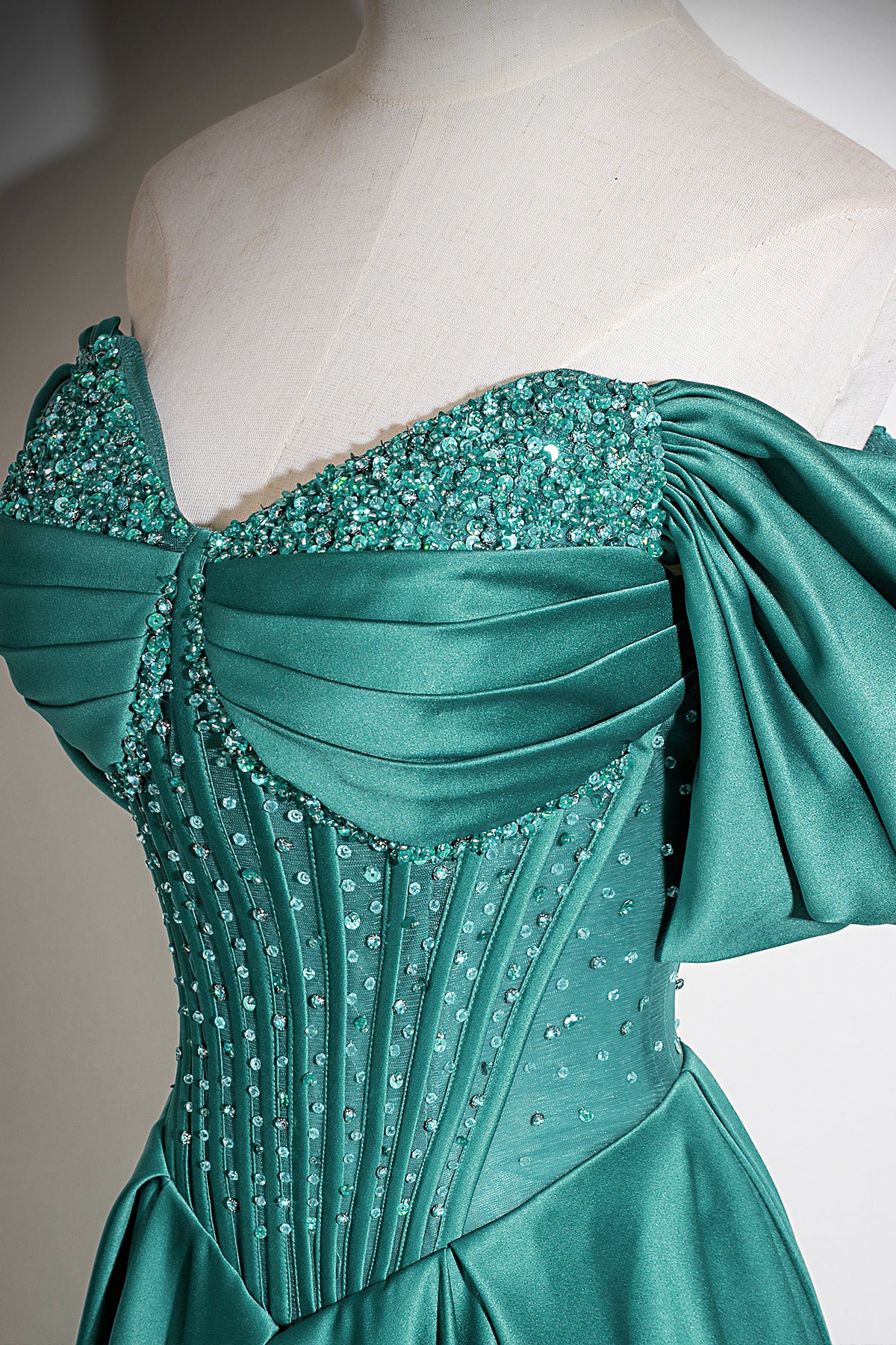 Emerald Green Satin Off-the-Shoulder Beaded Evening Gown with A-Line Skirt