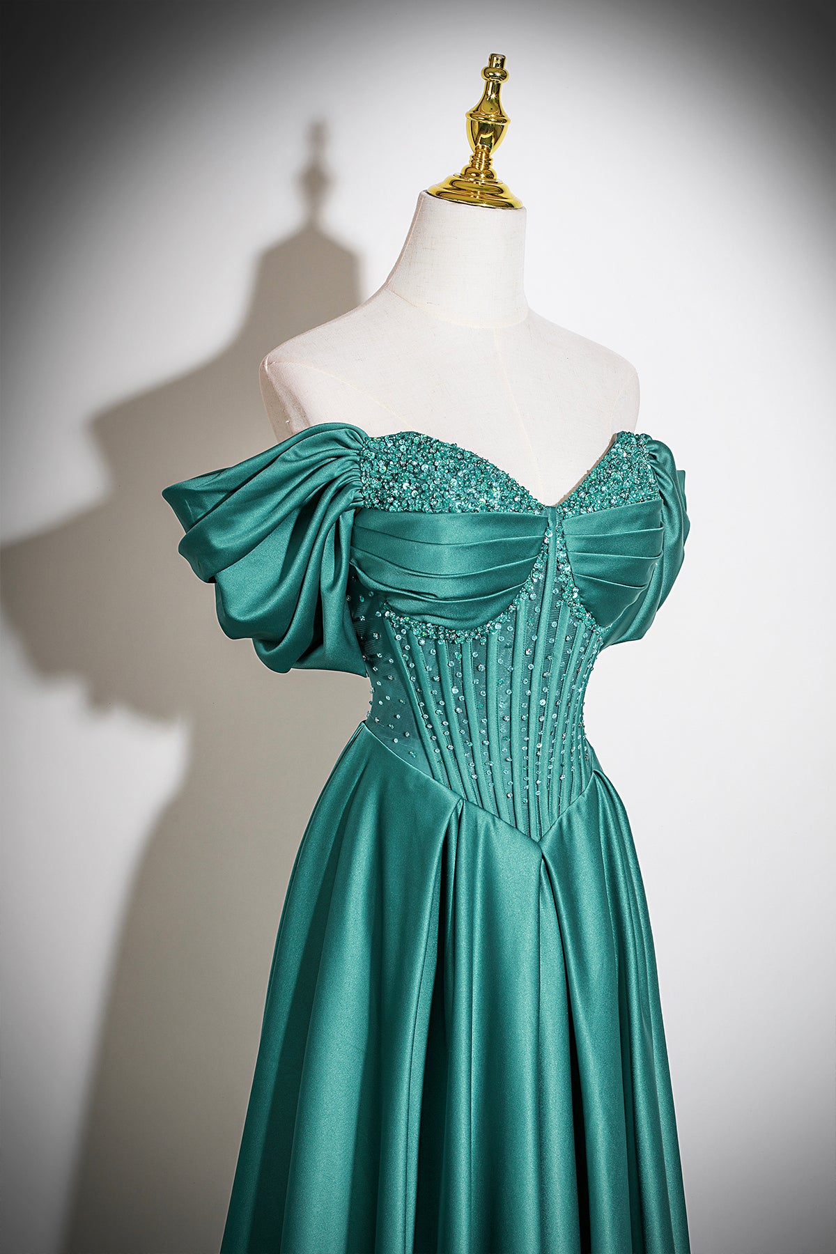 Emerald Green Satin Off-the-Shoulder Beaded Evening Gown with A-Line Skirt