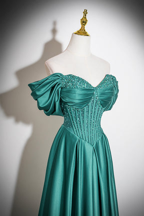 Emerald Green Satin Off-the-Shoulder Beaded Evening Gown with A-Line Skirt