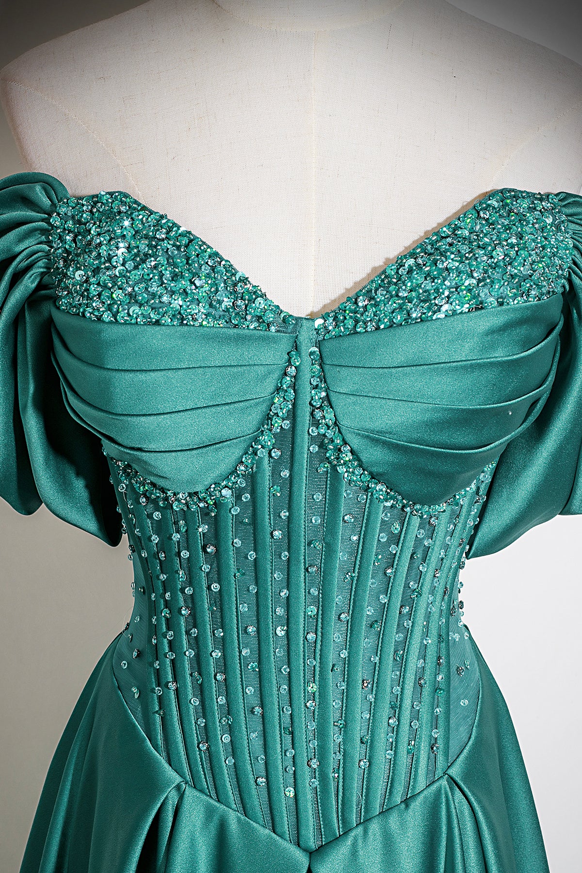Emerald Green Satin Off-the-Shoulder Beaded Evening Gown with A-Line Skirt