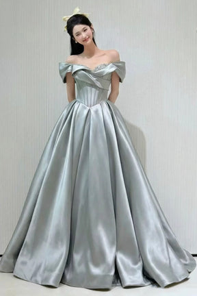 Dusty Green Satin Prom Dress Off Shoulder Ball Gown with Pearl Embellished Bodice