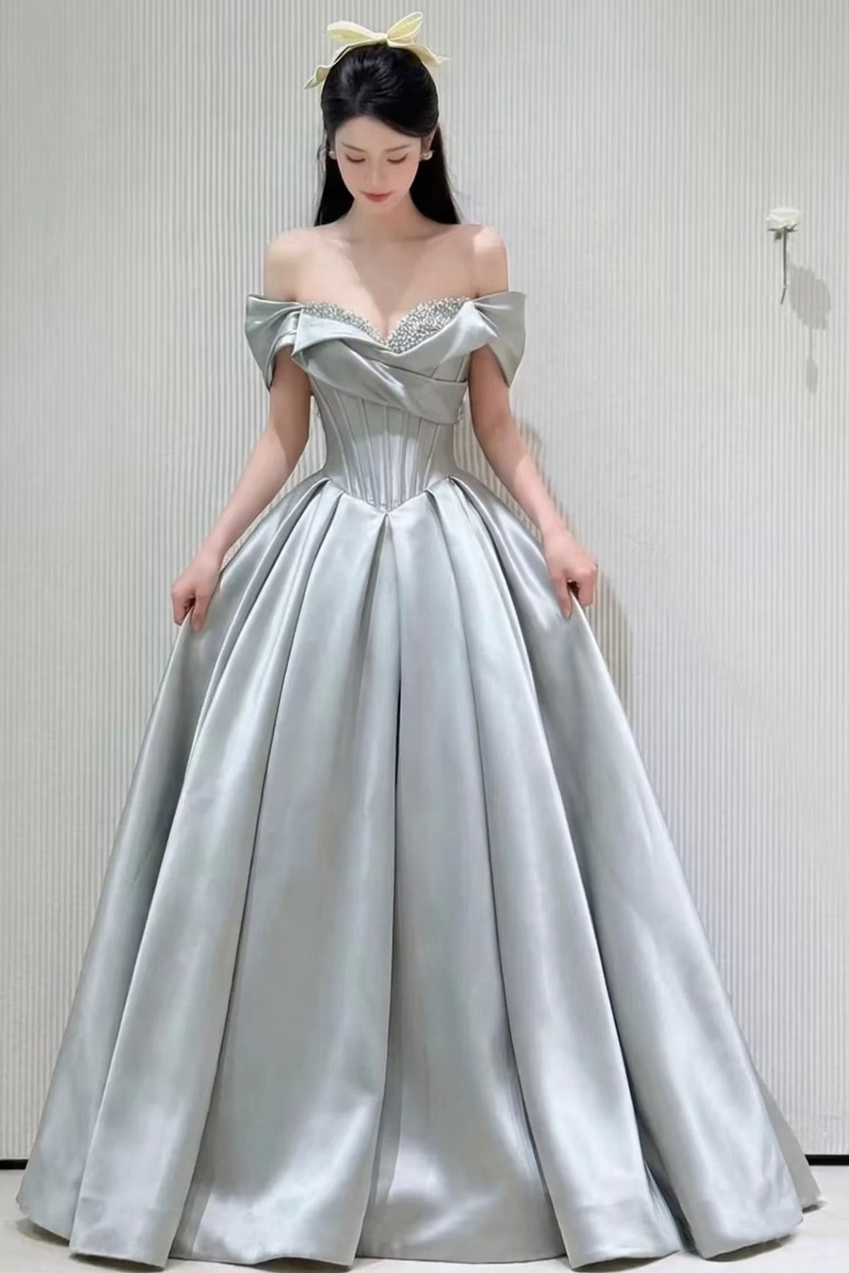 Dusty Green Satin Prom Dress Off Shoulder Ball Gown with Pearl Embellished Bodice