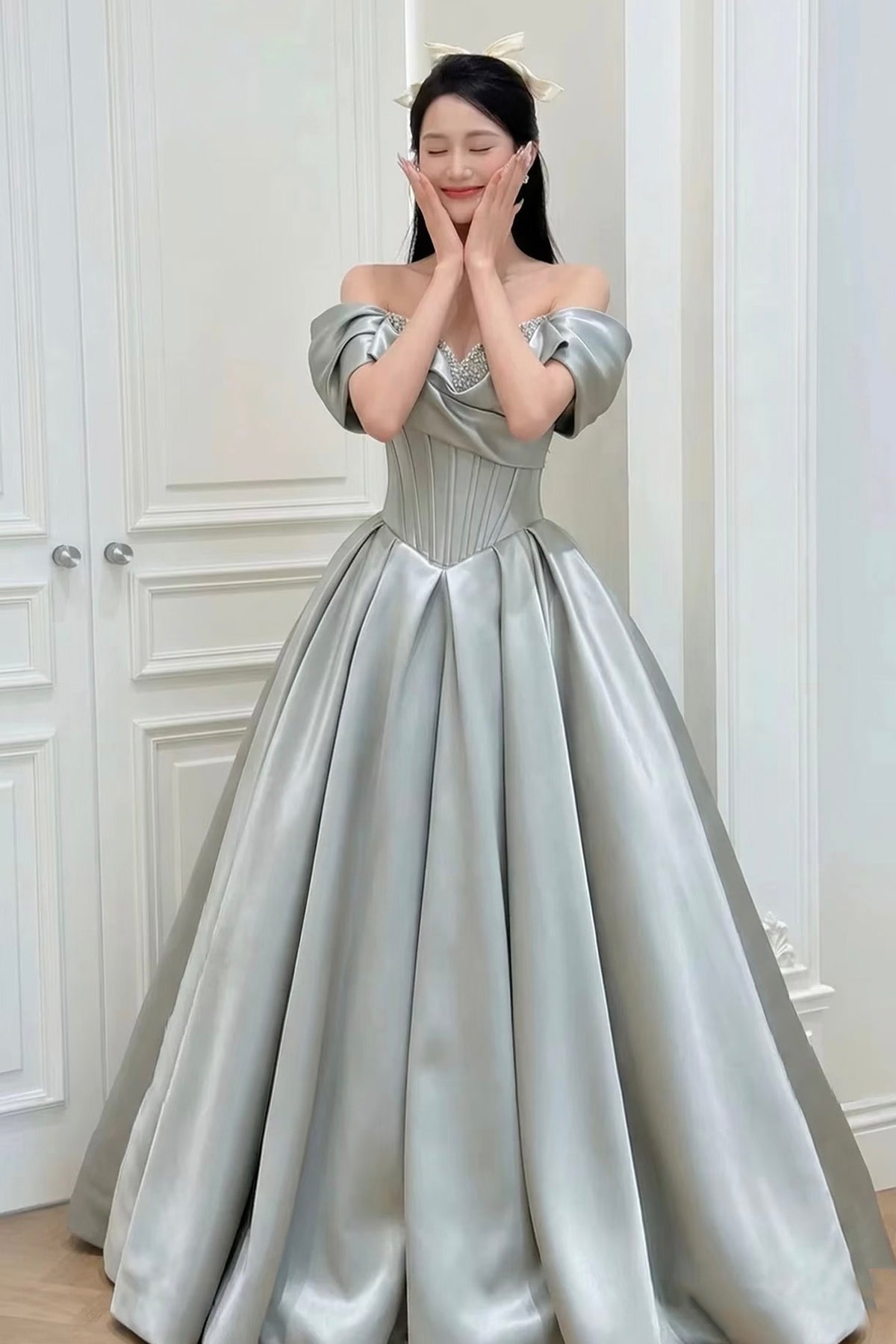 Dusty Green Satin Prom Dress Off Shoulder Ball Gown with Pearl Embellished Bodice