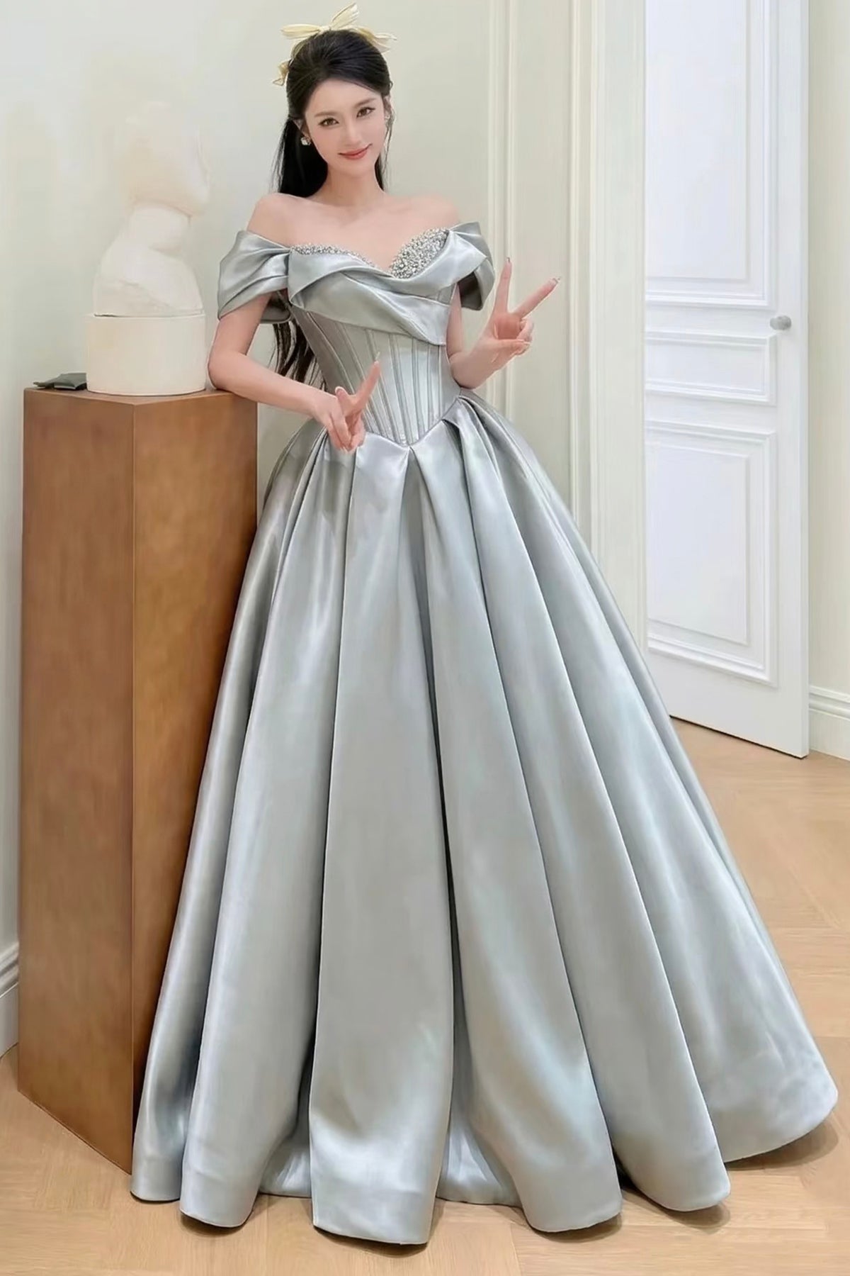 Dusty Green Satin Prom Dress Off Shoulder Ball Gown with Pearl Embellished Bodice