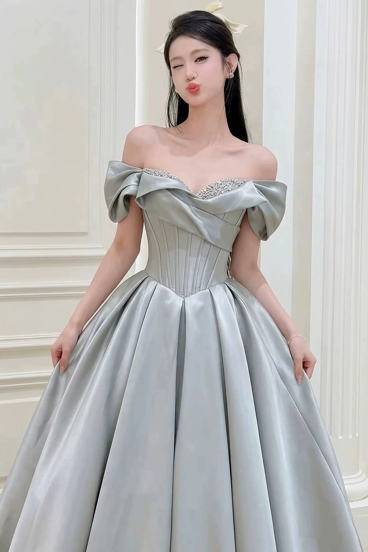 Dusty Green Satin Prom Dress Off Shoulder Ball Gown with Pearl Embellished Bodice