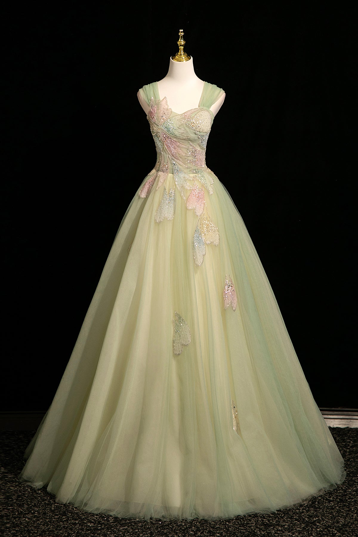 Sage Green Off the Shoulder Tulle Ball Gown Beaded Floral Prom Dress