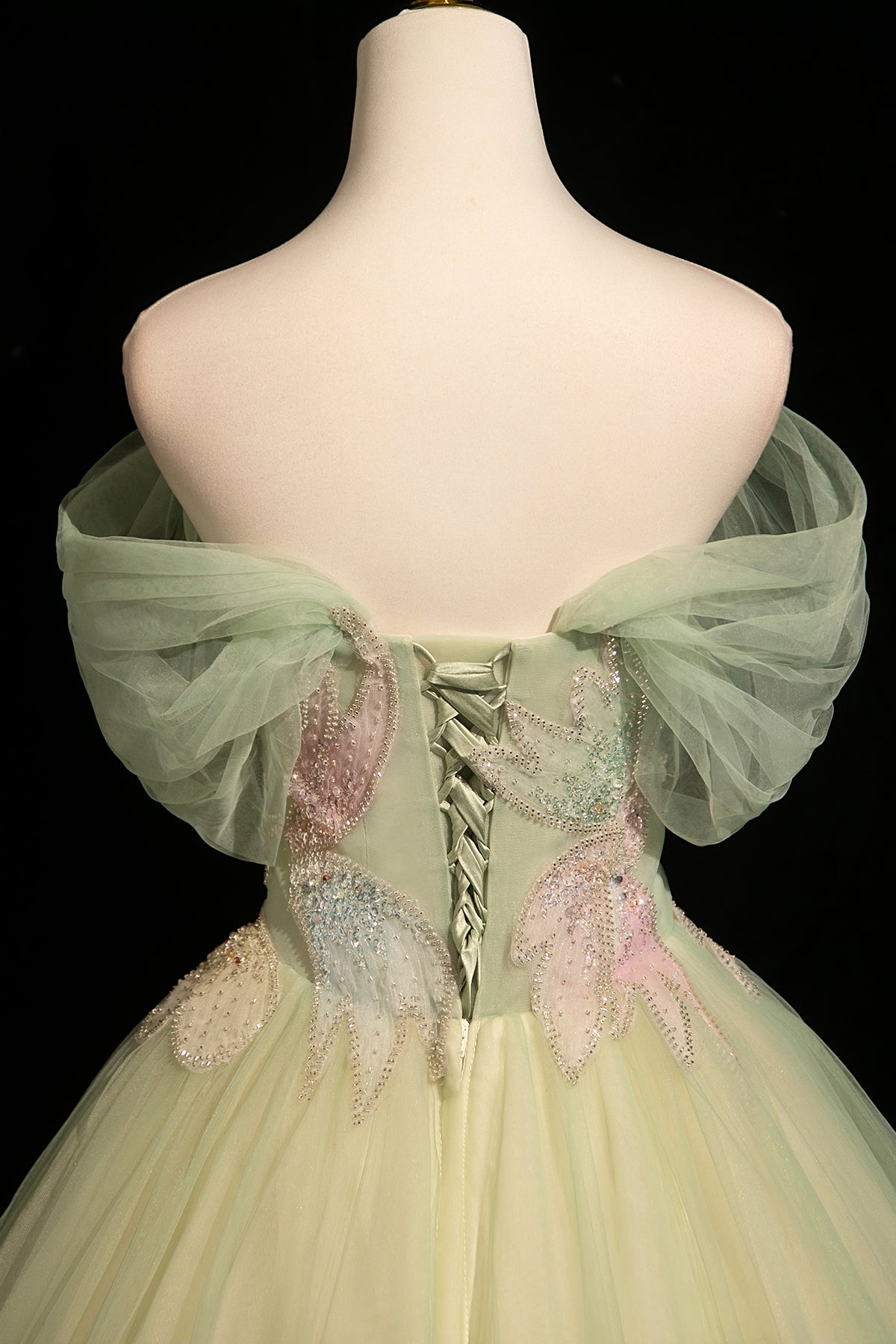 Sage Green Off the Shoulder Tulle Ball Gown Beaded Floral Prom Dress