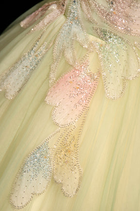 Sage Green Off the Shoulder Tulle Ball Gown Beaded Floral Prom Dress