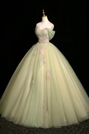 Sage Green Off the Shoulder Tulle Ball Gown Beaded Floral Prom Dress