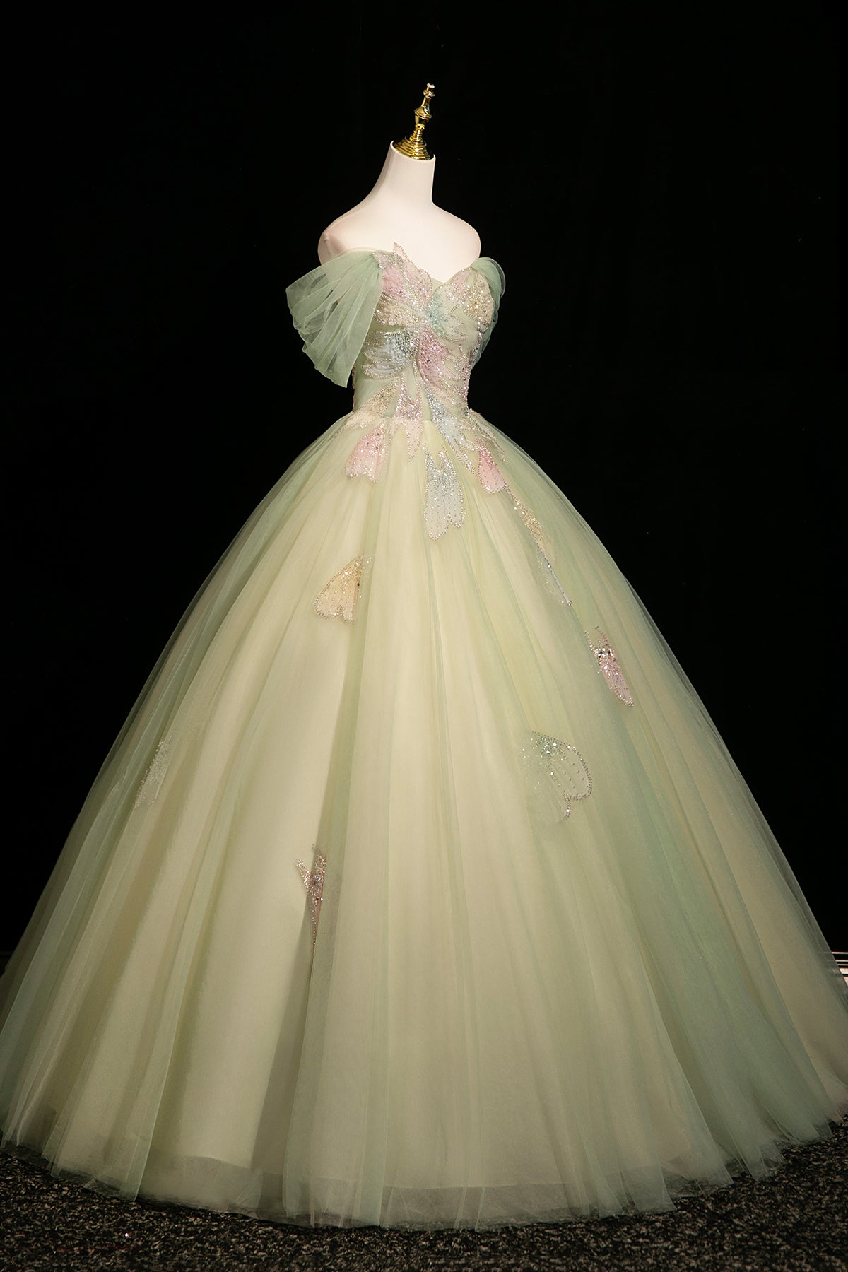 Sage Green Off the Shoulder Tulle Ball Gown Beaded Floral Prom Dress