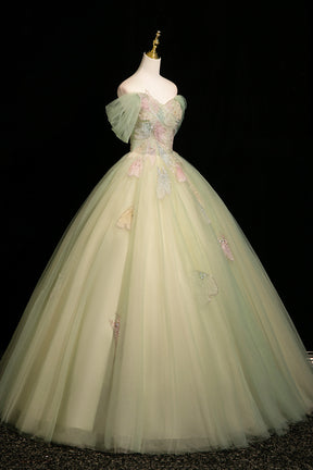 Sage Green Off the Shoulder Tulle Ball Gown Beaded Floral Prom Dress
