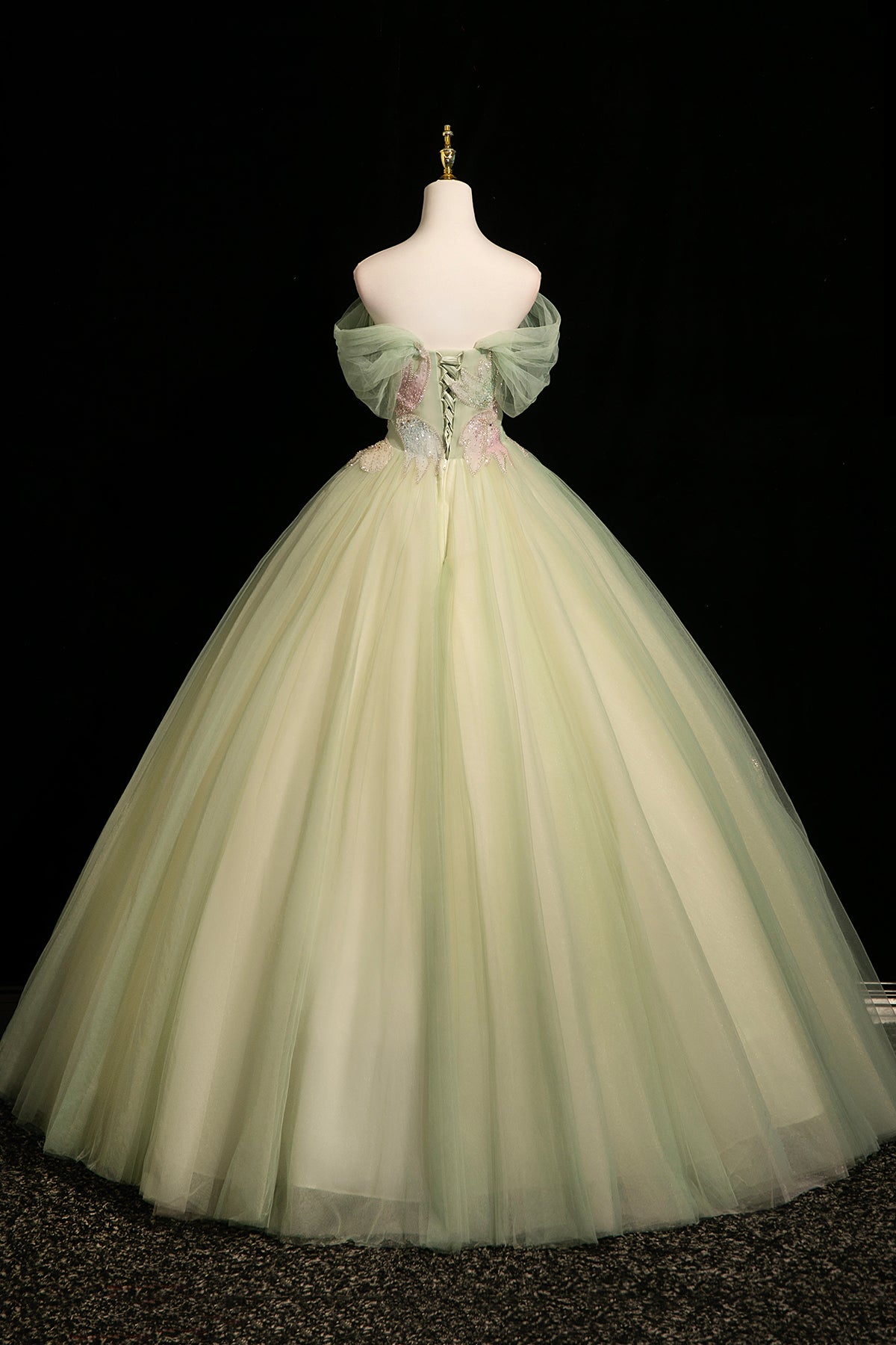 Sage Green Off the Shoulder Tulle Ball Gown Beaded Floral Prom Dress
