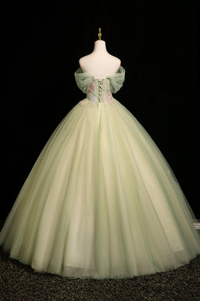 Sage Green Off the Shoulder Tulle Ball Gown Beaded Floral Prom Dress