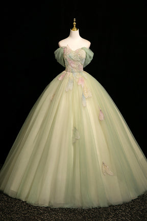 Sage Green Off the Shoulder Tulle Ball Gown Beaded Floral Prom Dress